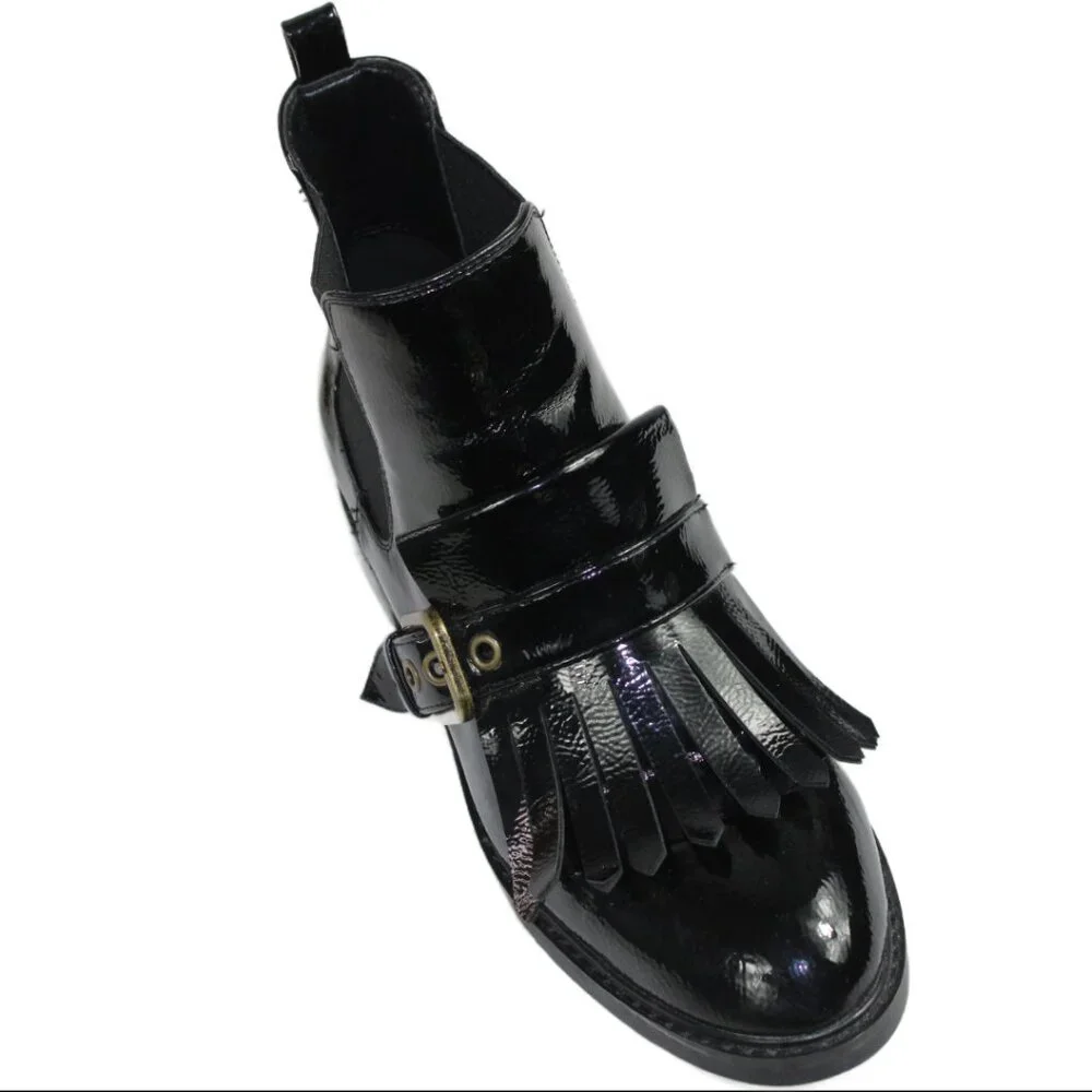 Marc Fisher Brigita Chelsea Kiltie Black Patent Buckle Pull On Boot, Size 7